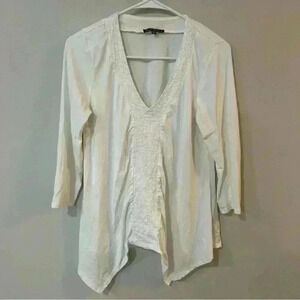 Adrianna Papell White 3/4 Sleeve V-Neck Embroidered Hem Top Women’s Size Small